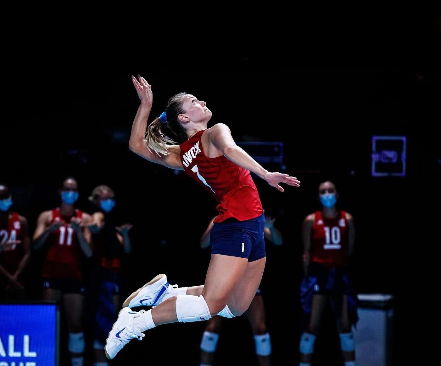 Micha Hancock serving at the Tokyo Olympics